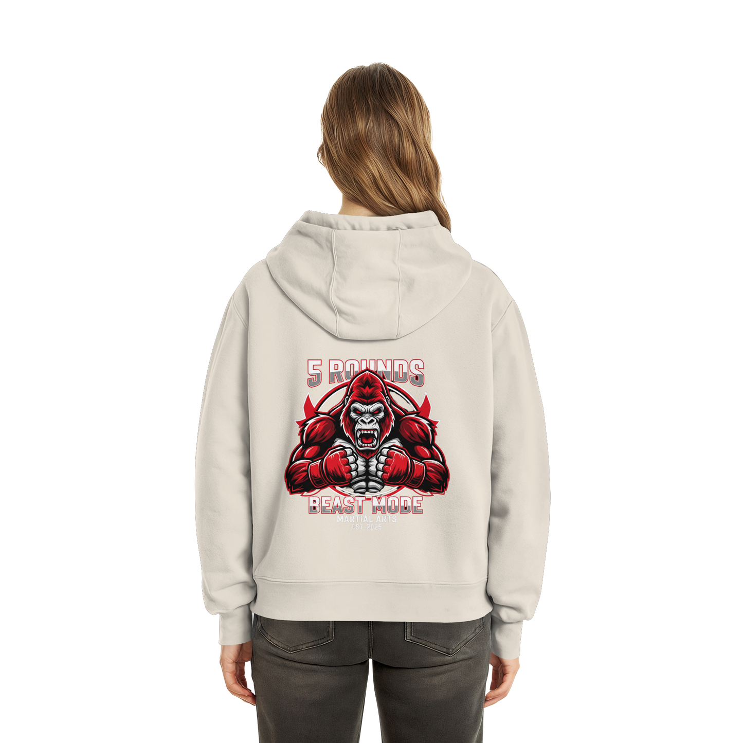 5 ROUNDS BEAST MODE Gorilla Motive Rot Weis Schwarz Farben Stick und DTF - Fluffy Boxcut Zipper