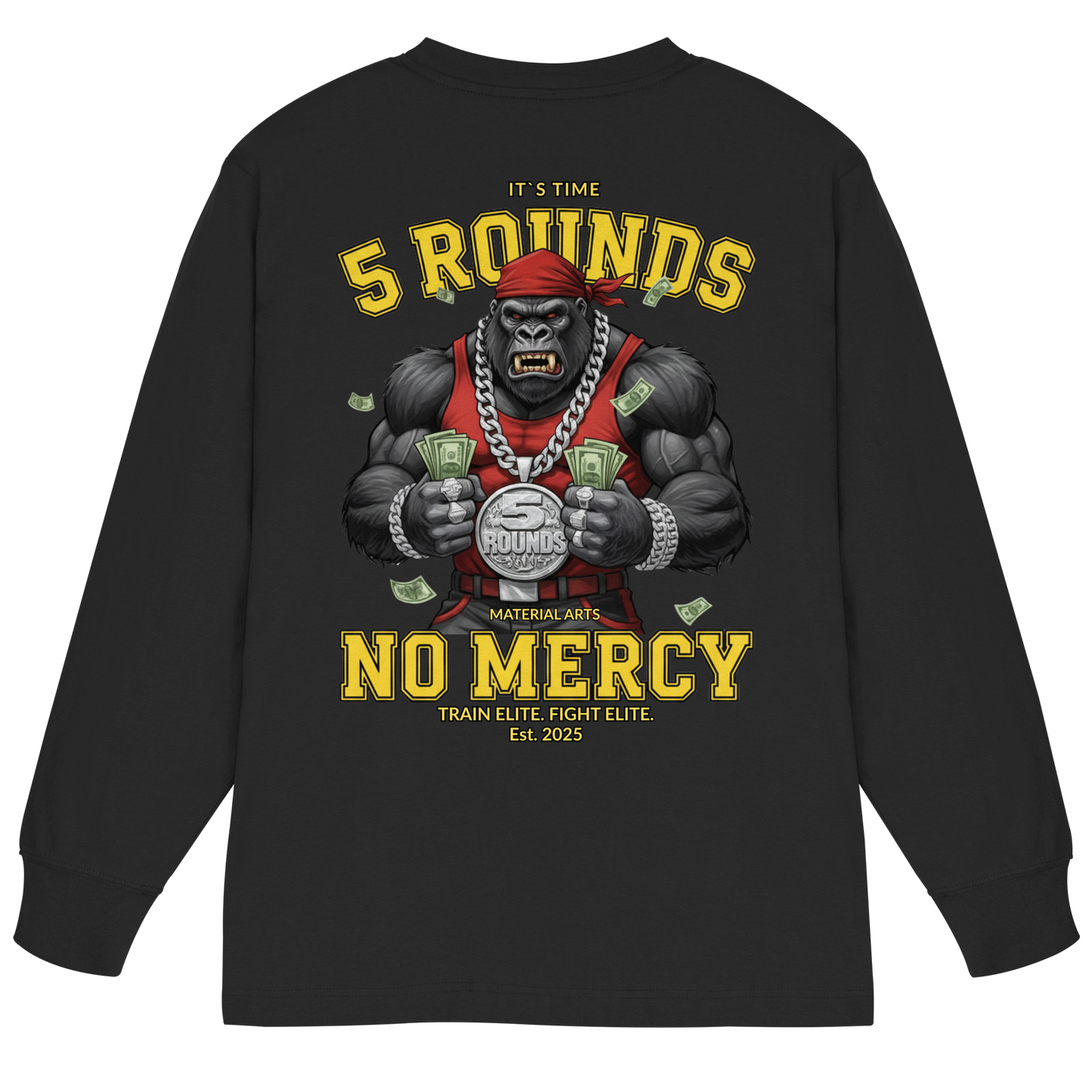 5 ROUNDS Vorne DTF hinten DTF Print 5 Rounds Fighter gorilla , macht chas money im Material Arts Kämpfen. - Organic Heavy Oversized Longsleeve T-Shirt