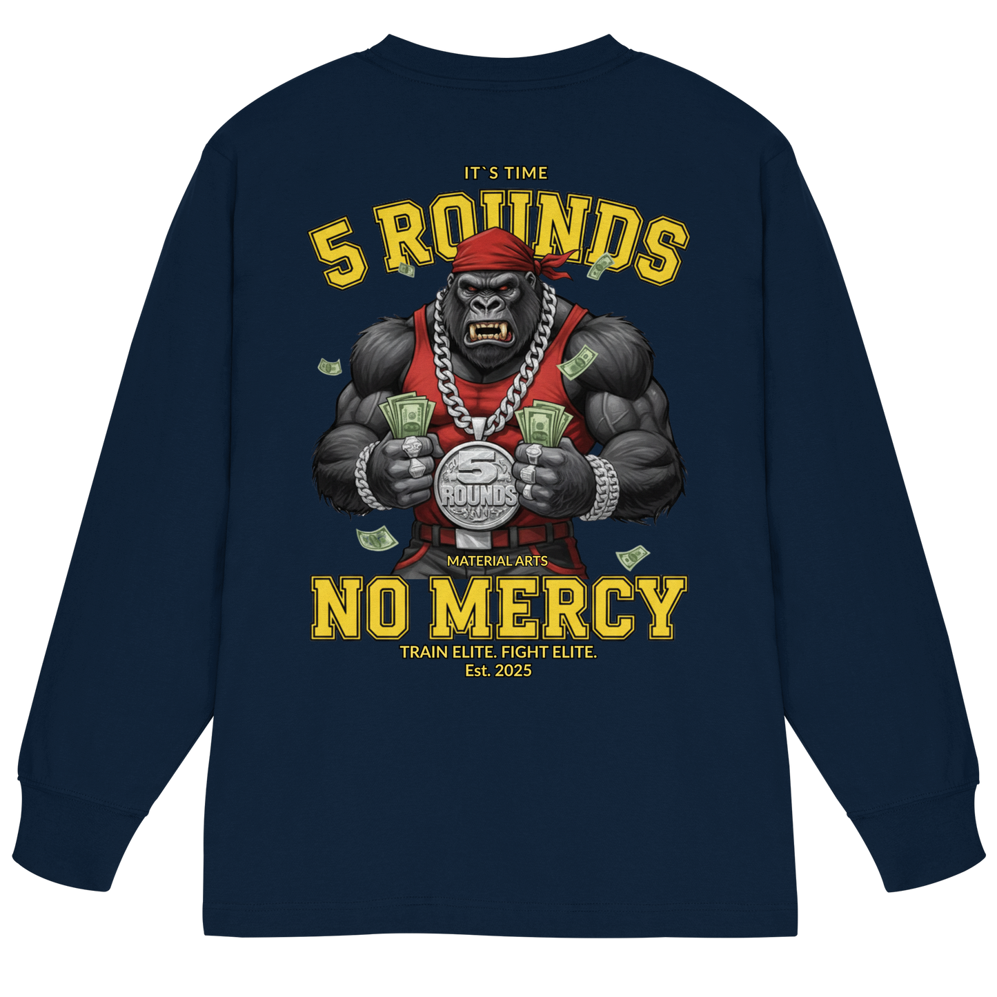 5 ROUNDS Vorne DTF hinten DTF Print 5 Rounds Fighter gorilla , macht chas money im Material Arts Kämpfen. - Organic Heavy Oversized Longsleeve T-Shirt