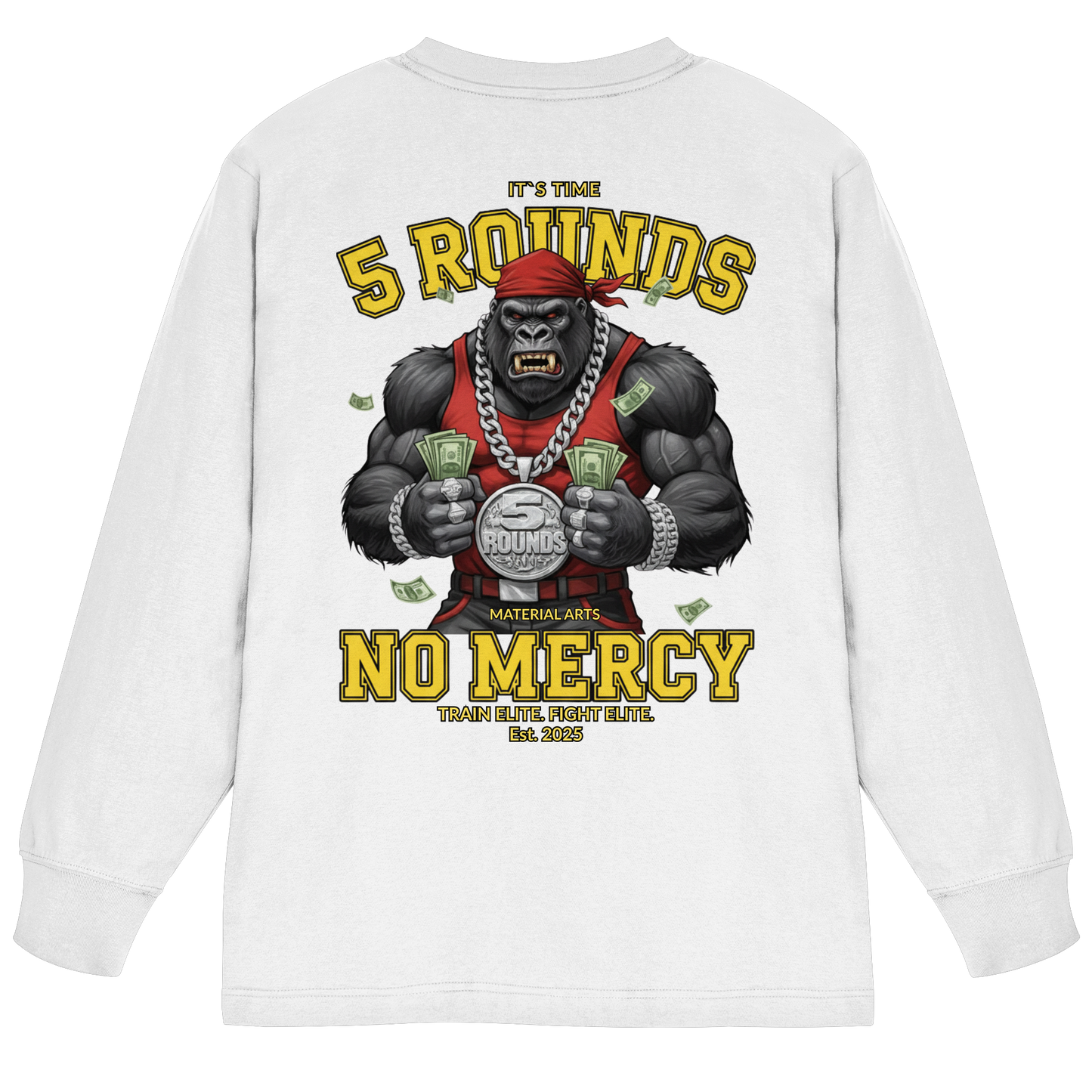 5 ROUNDS Vorne DTF hinten DTF Print 5 Rounds Fighter gorilla , macht chas money im Material Arts Kämpfen. - Organic Heavy Oversized Longsleeve T-Shirt